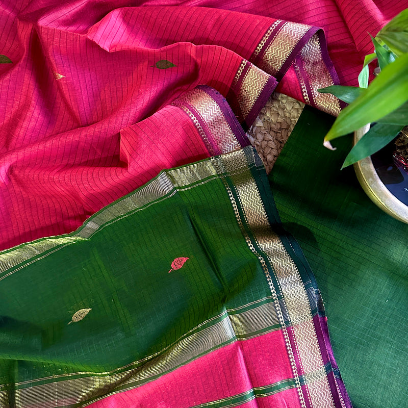 Maheshwari Green & Red Motifs Top Dupatta Sets