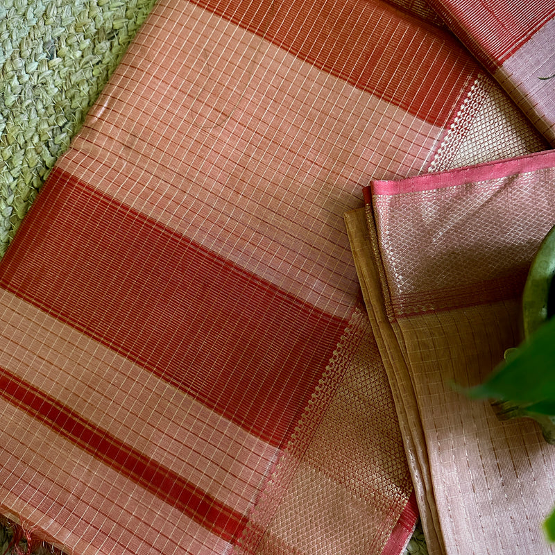 Maheshwari Peach Pink Zari Checkered Sarees
