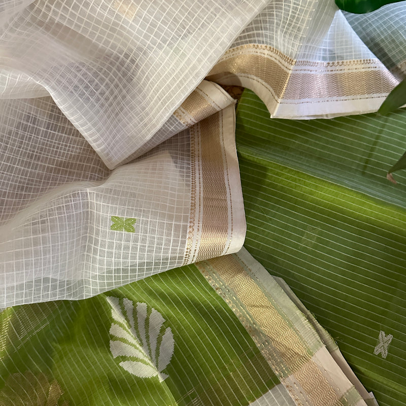 Maheshwari Parrot Green-White Katan Motifs Top Dupatta Sets KBS02