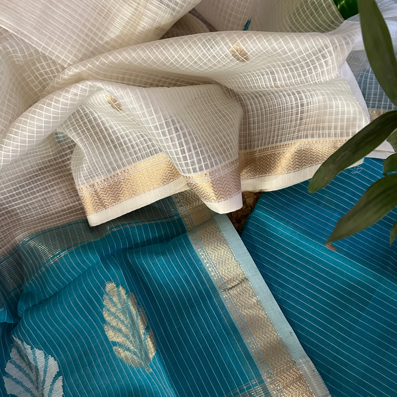 Maheshwari Firozi Blue-White Katan Motifs Top Dupatta Sets KBS04