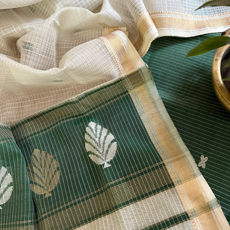Maheshwari Teal Green - White Katan Motifs Top Dupatta Sets