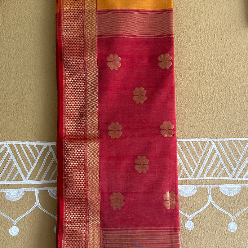 Yellow Red Flower Motifs ~ Maheshwari Saree