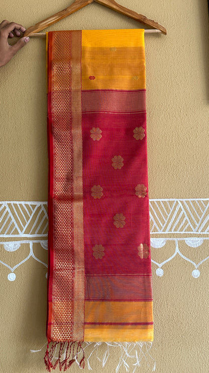 Yellow Red Flower Motifs ~ Maheshwari Saree