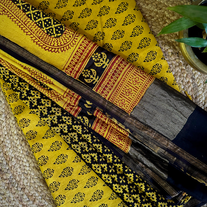 Maheshwari Yellow Black Mustard Bagh Print Suit