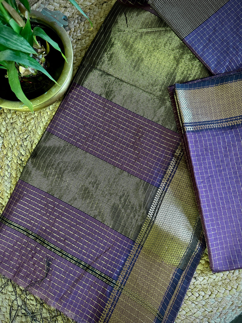 Maheshwari Dark Lavender Zari Checkered Sarees