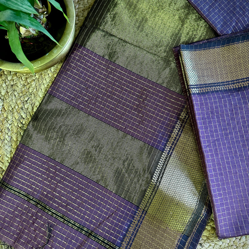 Maheshwari Dark Lavender Zari Checkered Sarees