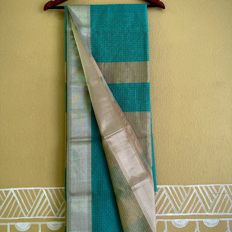Maheshwari Teal Blue ~ Silver Zari Checkered Silk Saree