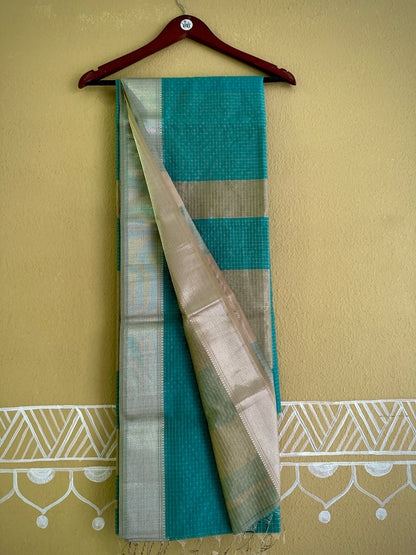 Maheshwari Teal Blue ~ Silver Zari Checkered Silk Saree