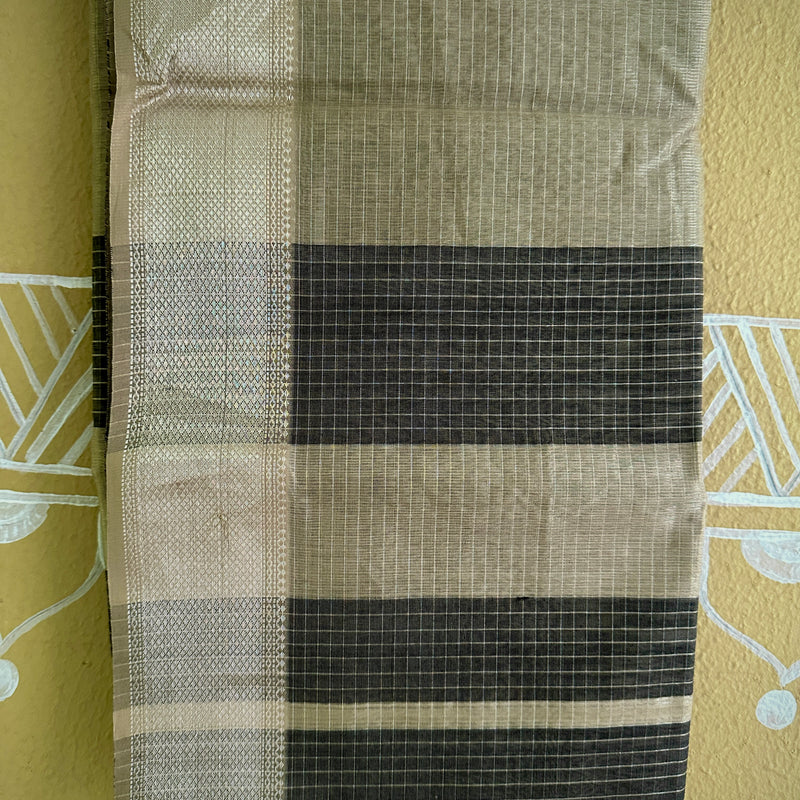 Maheshwari Black ~ Silver Zari Checkered Silk Saree