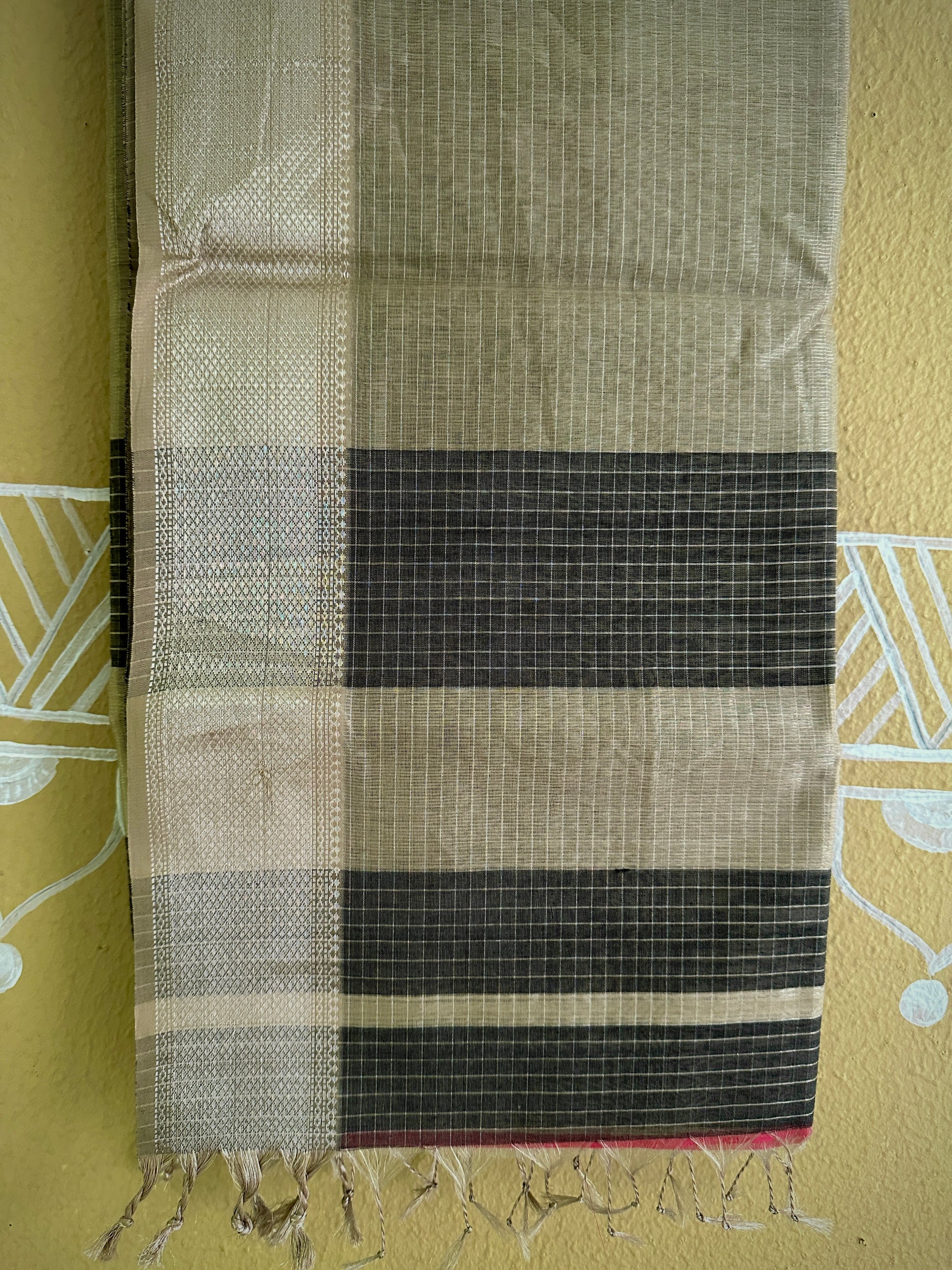 Maheshwari Black ~ Silver Zari Checkered Silk Saree