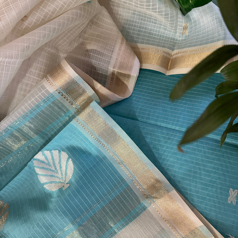 Maheshwari Sky Blue - White Katan Motifs Top Dupatta Sets