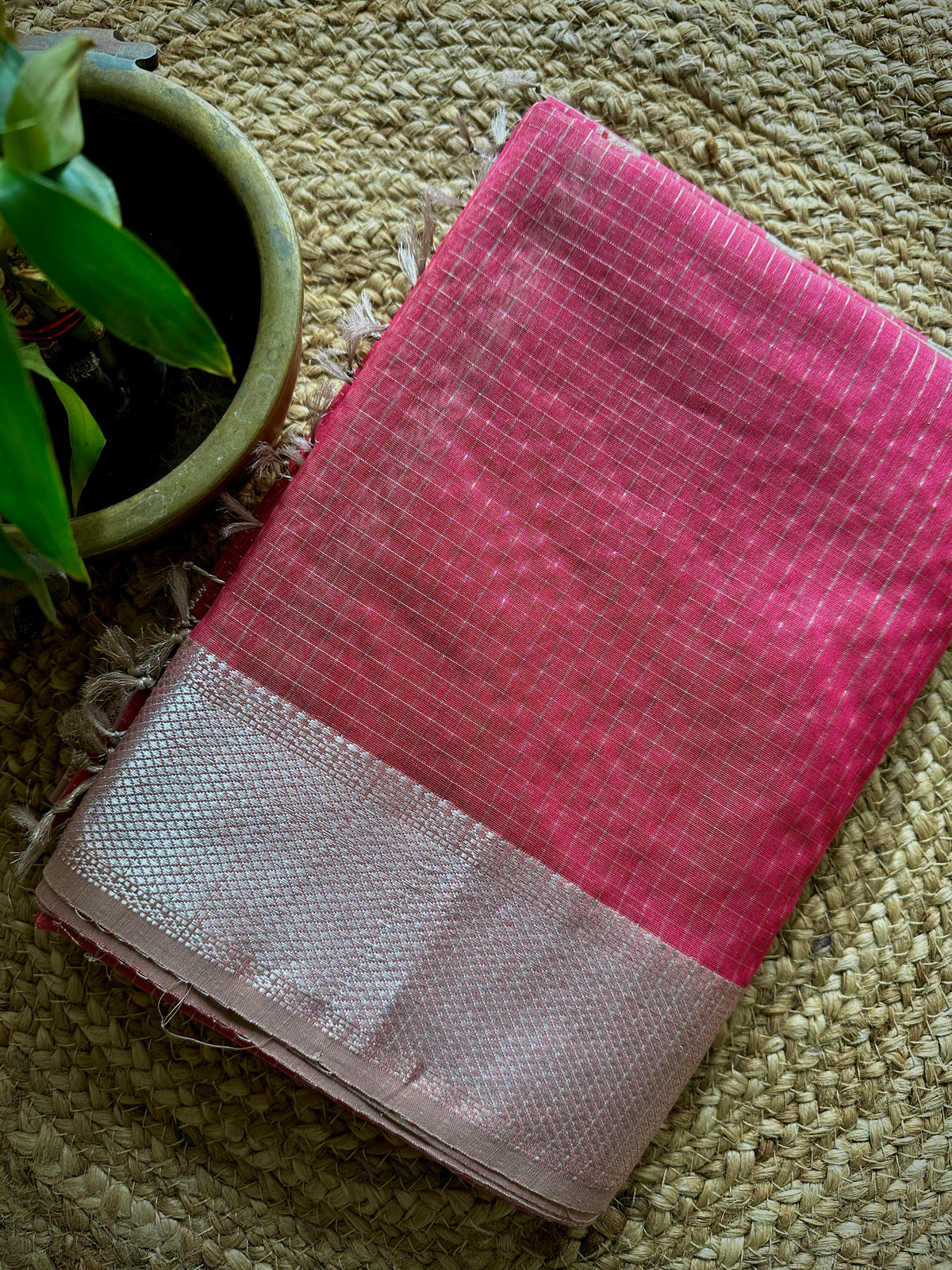 Maheshwari Fuchsia Pink  ~ Silver Zari Checkered Silk Saree