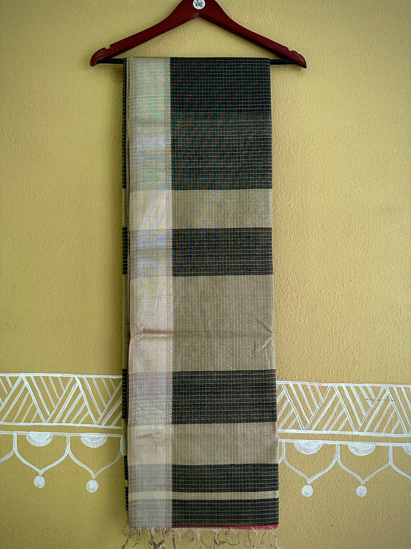 Maheshwari Black ~ Silver Zari Checkered Silk Saree