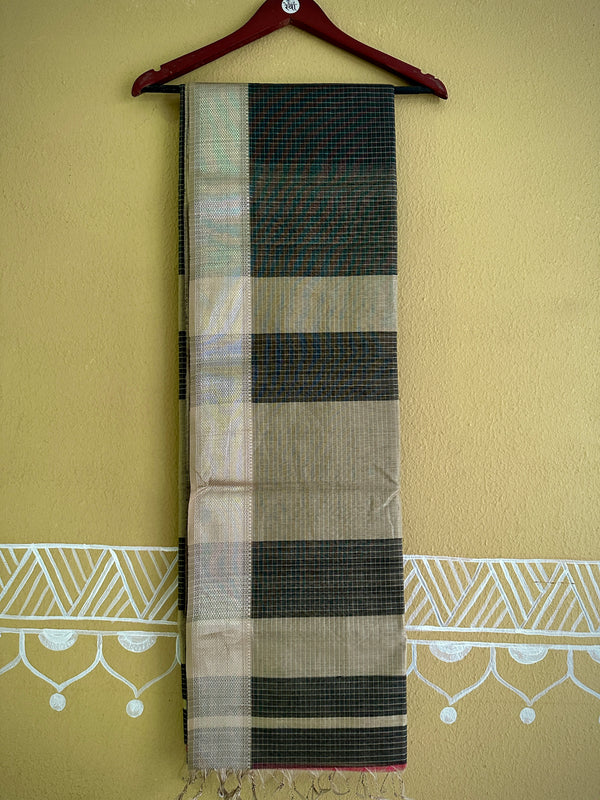 Maheshwari Black ~ Silver Zari Checkered Silk Saree