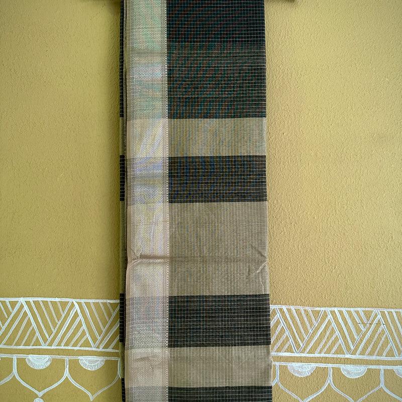 Maheshwari Black ~ Silver Zari Checkered Silk Saree