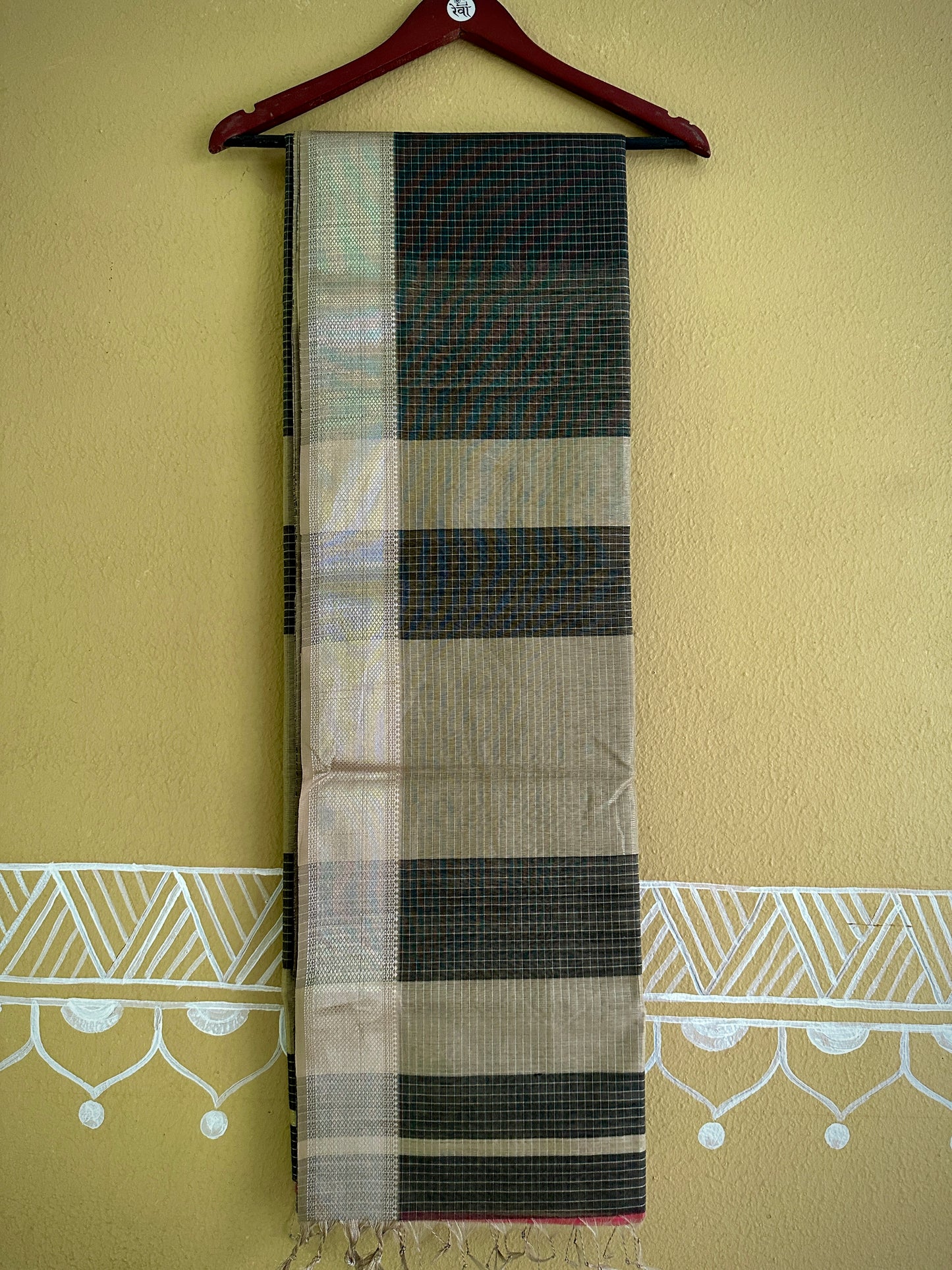 Maheshwari Black ~ Silver Zari Checkered Silk Saree