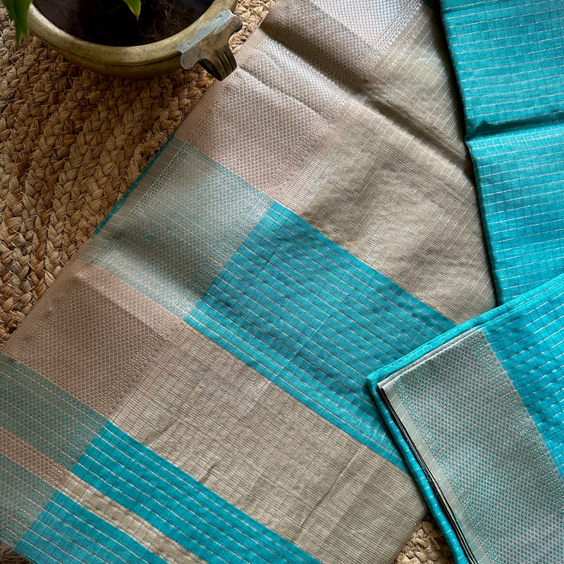 Maheshwari Teal Blue ~ Silver Zari Checkered Silk Saree