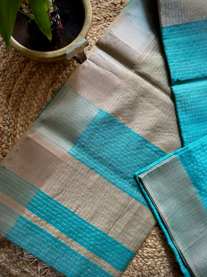 Maheshwari Teal Blue ~ Silver Zari Checkered Silk Saree