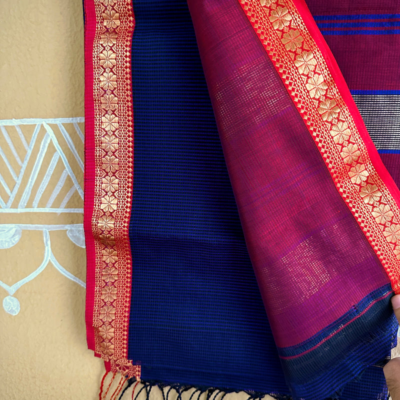 Maheshwari Blue Red Garbha Reshami Silk Saree GS01