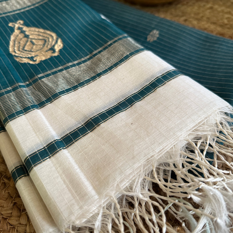 Maheshwari Teal Blue - White Motifs Top Dupatta Sets