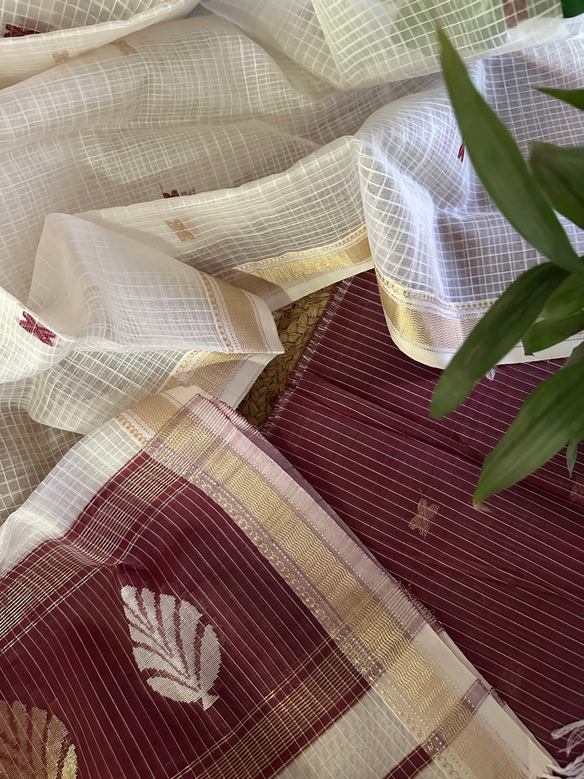 Maheshwari Cherry - White Katan Motifs Top Dupatta Sets
