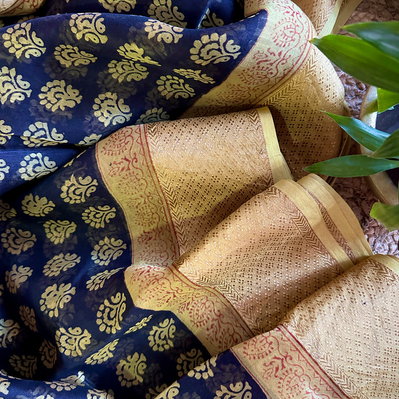 Maheshwari Black - Yellow Bagh Print Saree