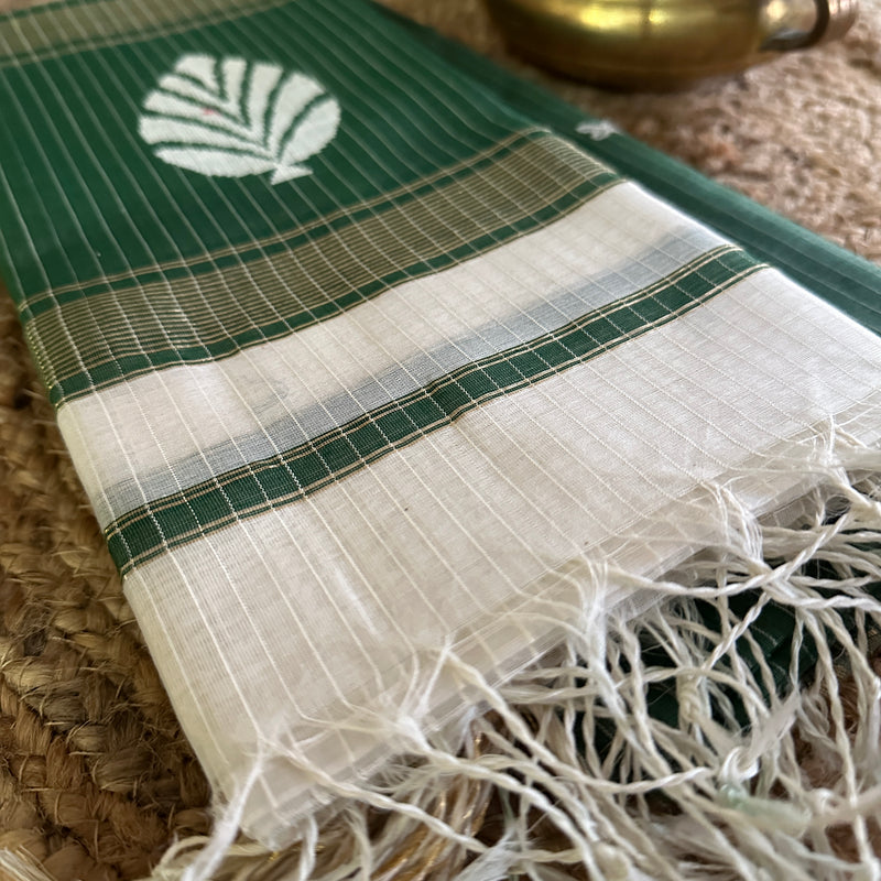 Maheshwari Rama Green - White Katan Motifs Top Dupatta Sets