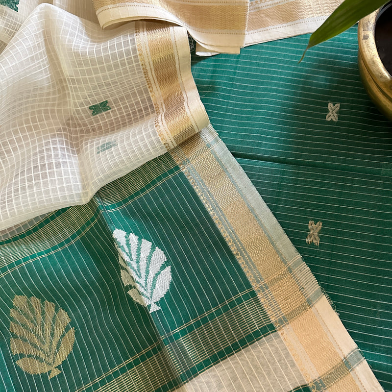 Maheshwari Rama Green - White Katan Motifs Top Dupatta Sets