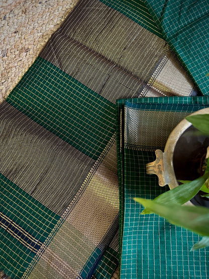 Maheshwari Teal Green Zari Checkered Sarees