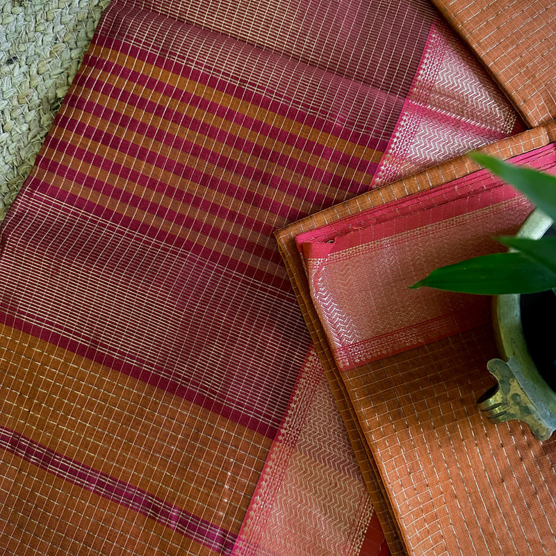 Maheshwari Rust Orange Zari Checkered Sarees