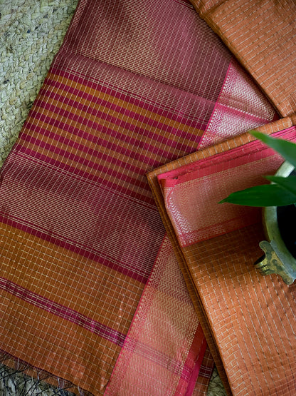 Maheshwari Rust Orange Zari Checkered Sarees