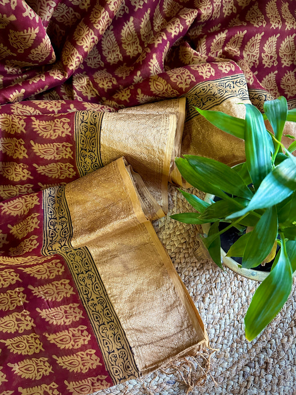 Maheshwari Red - Mustard Bagh Print Saree