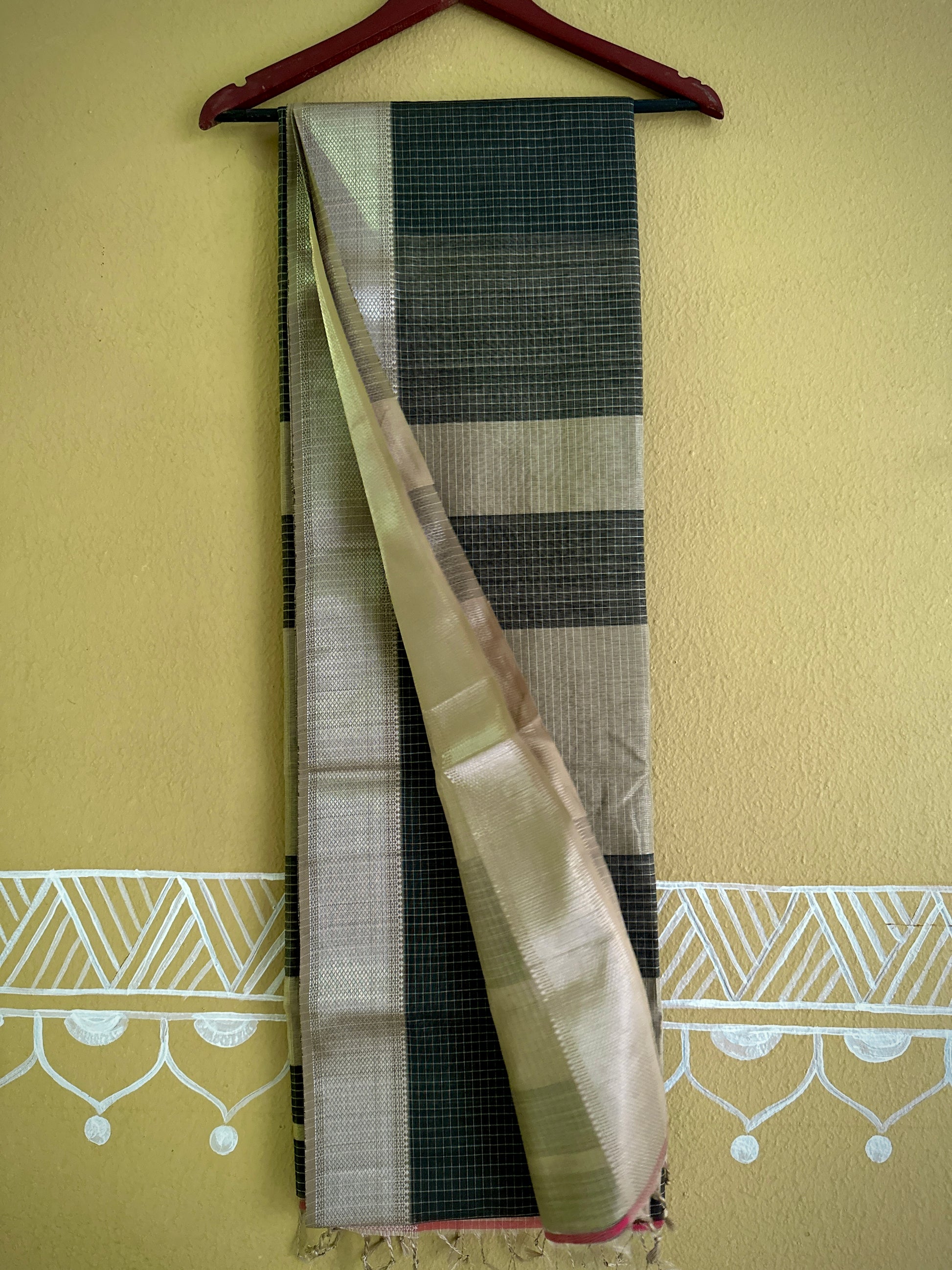 Maheshwari Black ~ Silver Zari Checkered Silk Saree