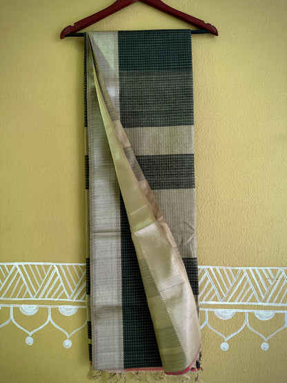 Maheshwari Black ~ Silver Zari Checkered Silk Saree
