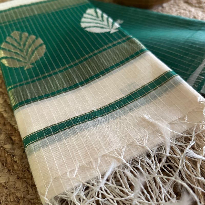 Maheshwari Teal Green - White Katan Motifs Top Dupatta Sets