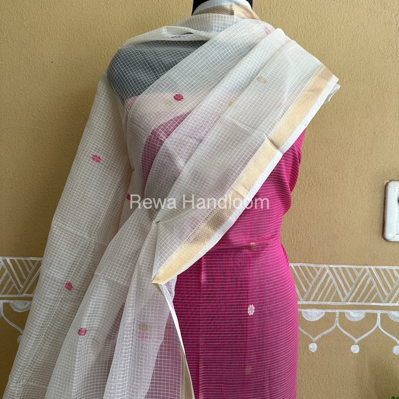 Maheshwari Hot Pink Katan Motifs Top Dupatta Sets-KBS000