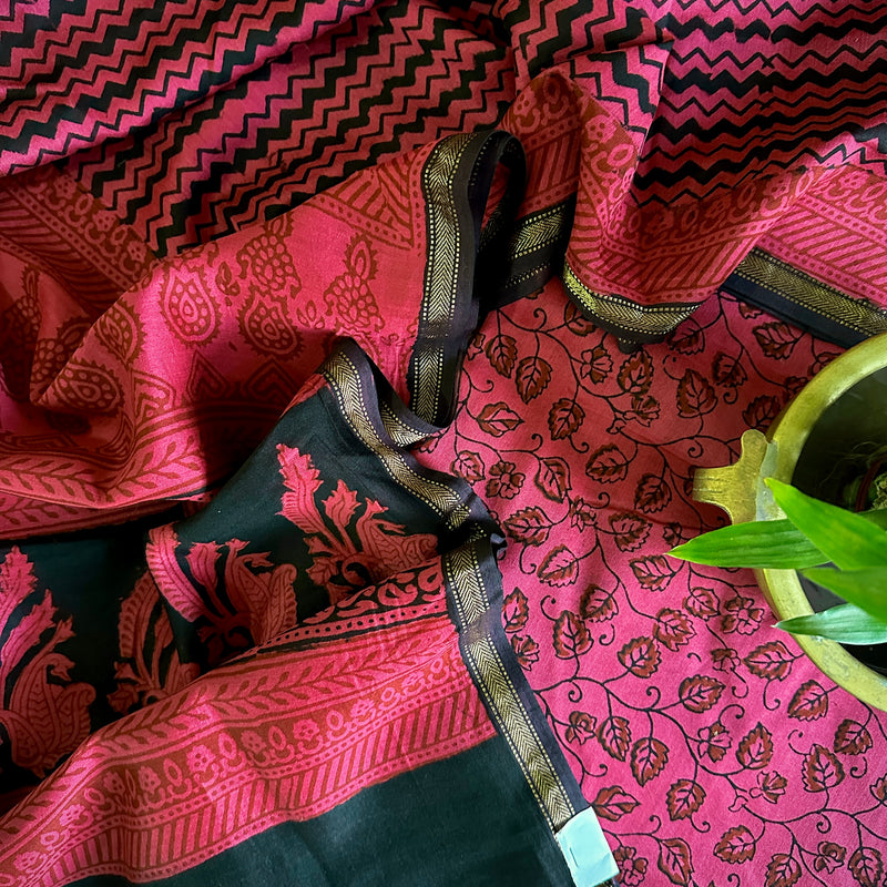 Maheshwari Beetroot Red Black Bagh Print Suit