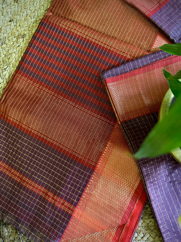 Maheshwari Violet Blue Zari Checkered Sarees