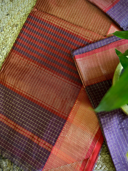 Maheshwari Violet Blue Zari Checkered Sarees
