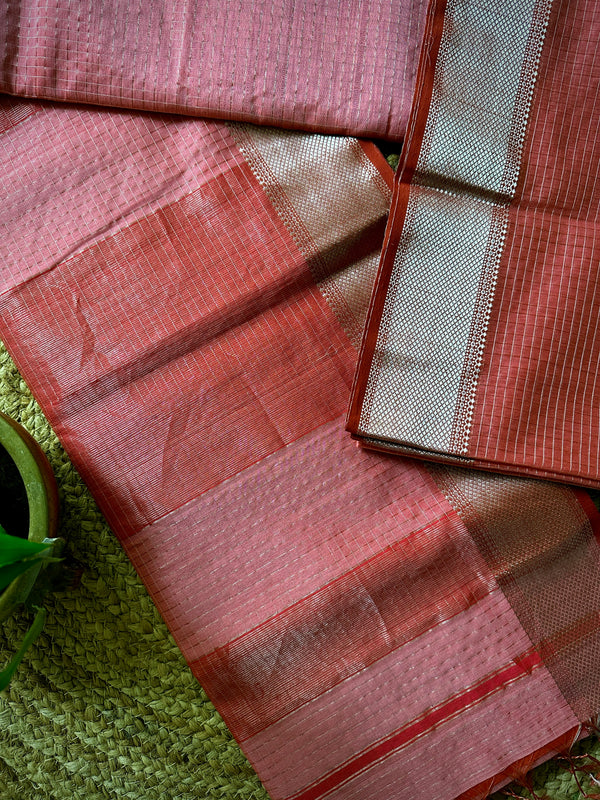 Maheshwari Pink ~ Silver Zari Checkered Silk Saree