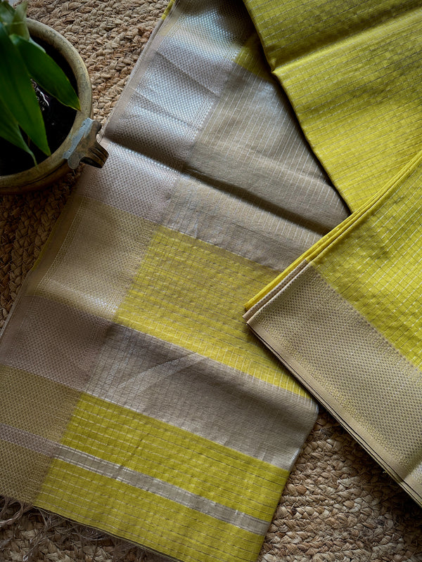 Maheshwari Yellow ~ Silver Zari Checkered Silk Saree