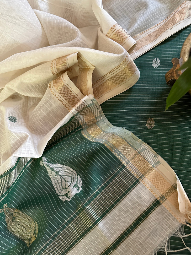 Maheshwari Teal Green - White Motifs Top Dupatta Sets