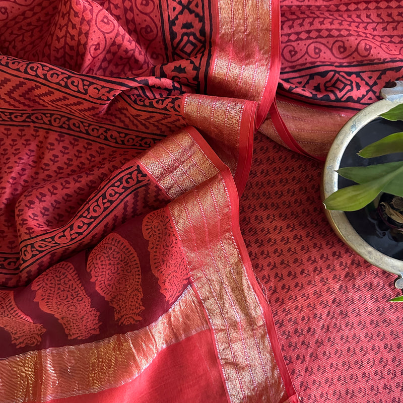 Maheshwari Tissue Rust Red Bagh Print Suit