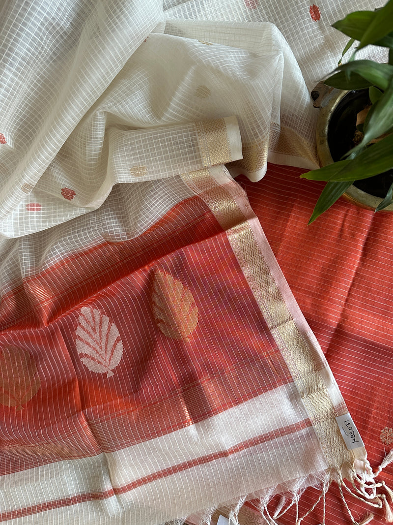 Maheshwari Orange - White Katan Motifs Top Dupatta Sets