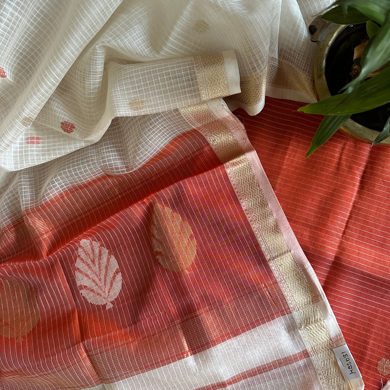 Maheshwari Orange - White Katan Motifs Top Dupatta Sets