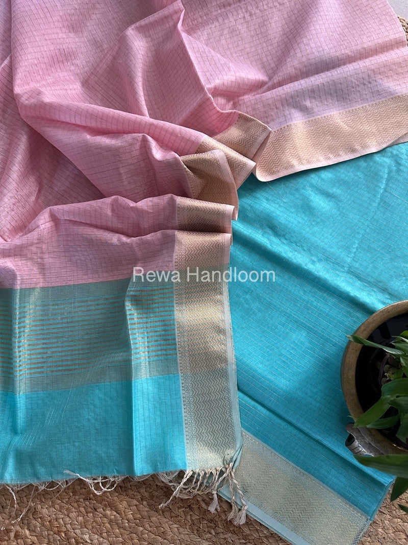 Maheshwari Aqua Blue-Pink Zari Checks Suit ZCS010