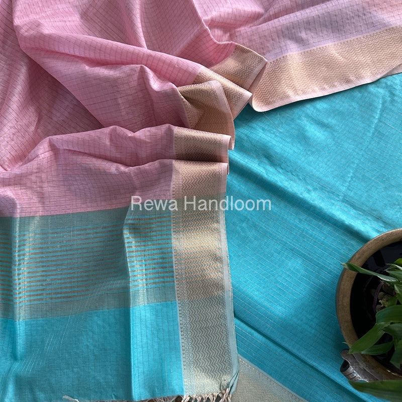Maheshwari Aqua Blue-Pink Zari Checks Suit ZCS010