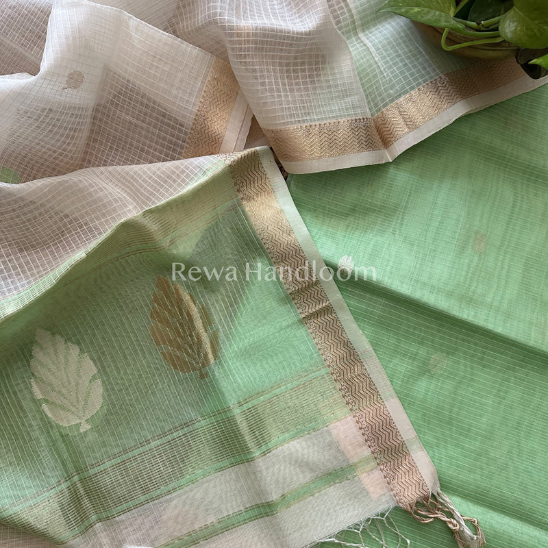 Maheshwari Sea Green- White Katan Motifs Top Dupatta Sets-KBS033