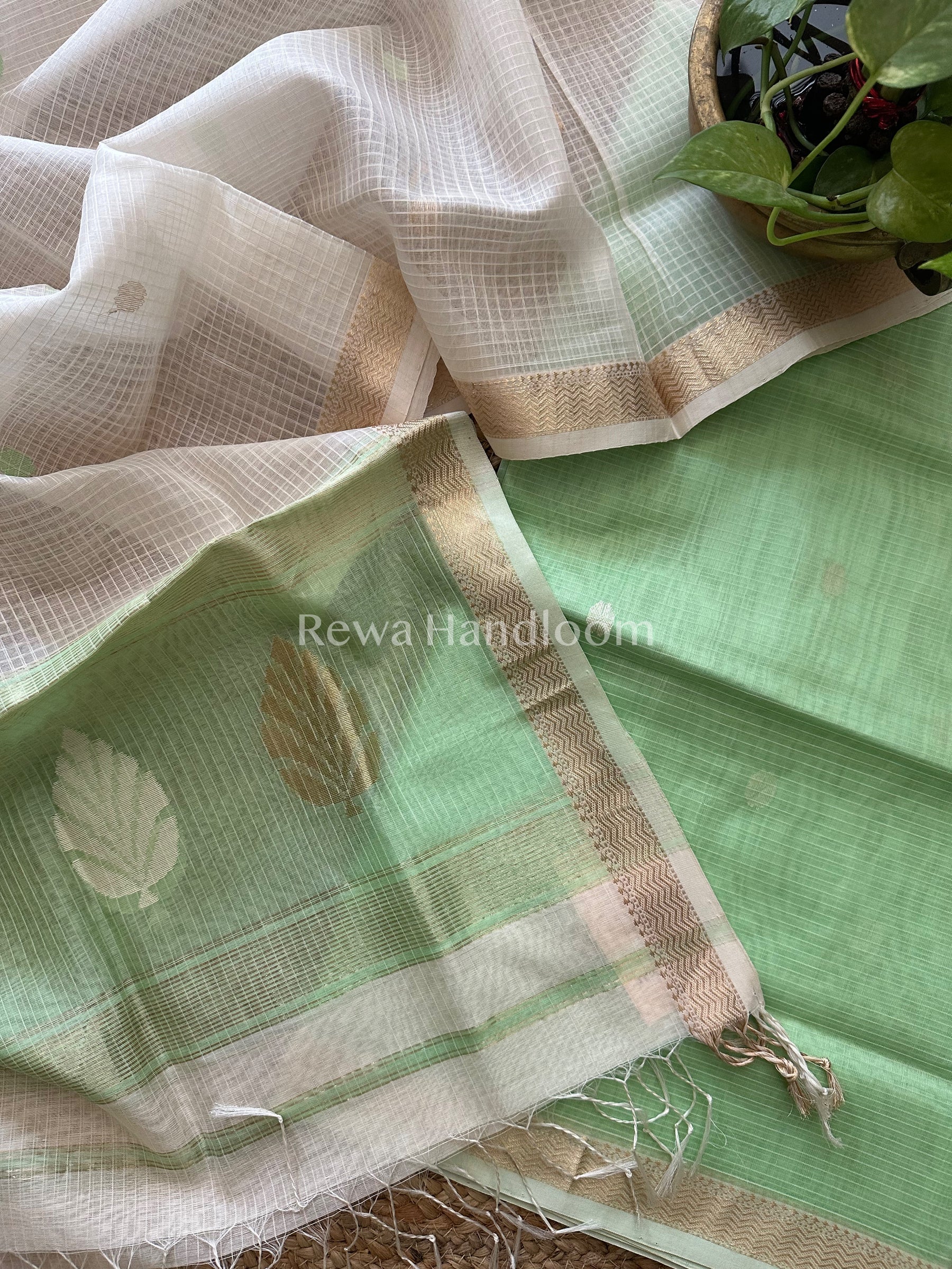 Maheshwari Sea Green- White Katan Motifs Top Dupatta Sets-KBS033