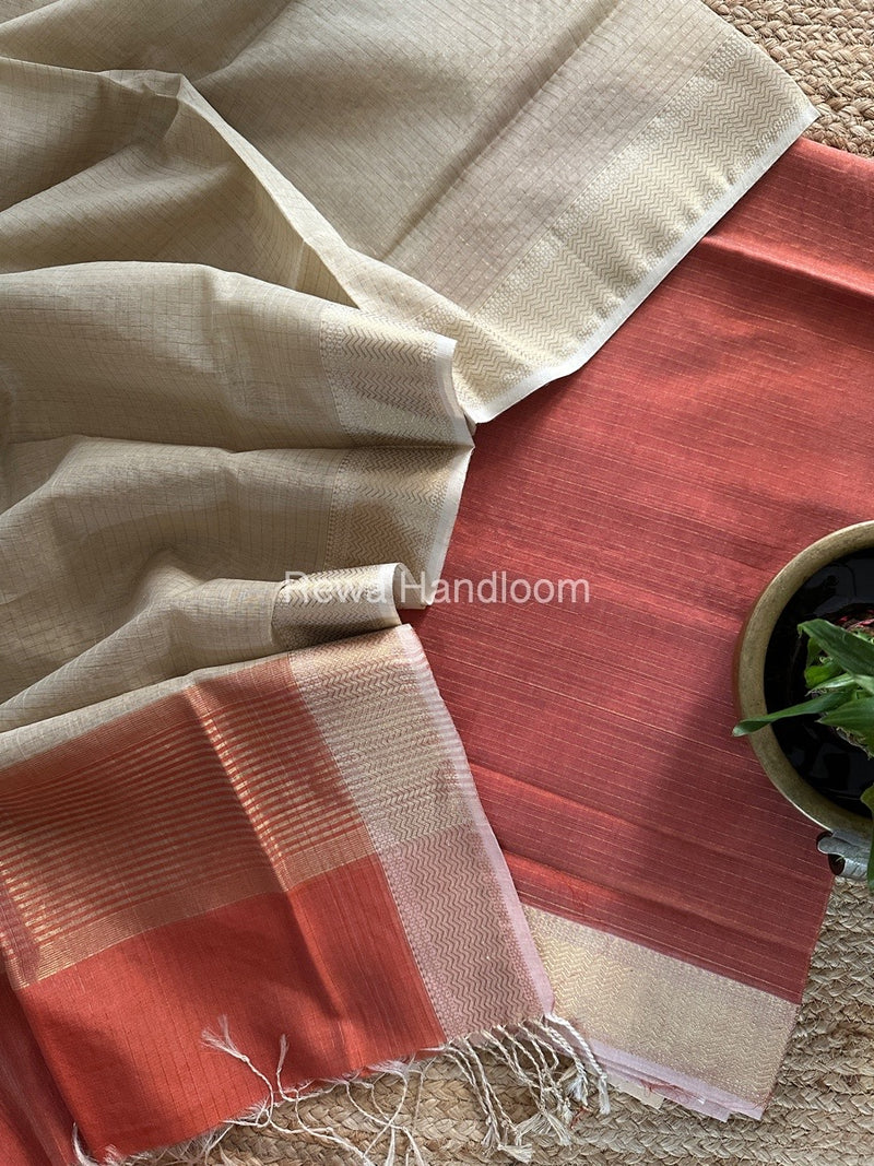 Maheshwari Rust-Beige Zari Checks Suit ZCS01